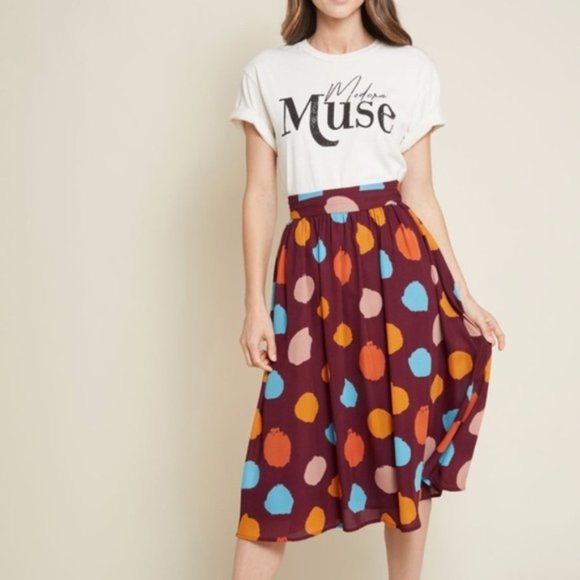 Modcloth Dresses & Skirts - MODCLOTH Women’s Moxie Burgundy Multicolored Big Dots Midi Skirt L